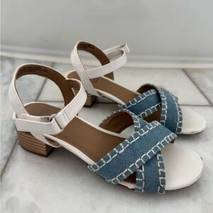 Dolce Vita White and Blue Denim Crisscross Block Heel Sandals